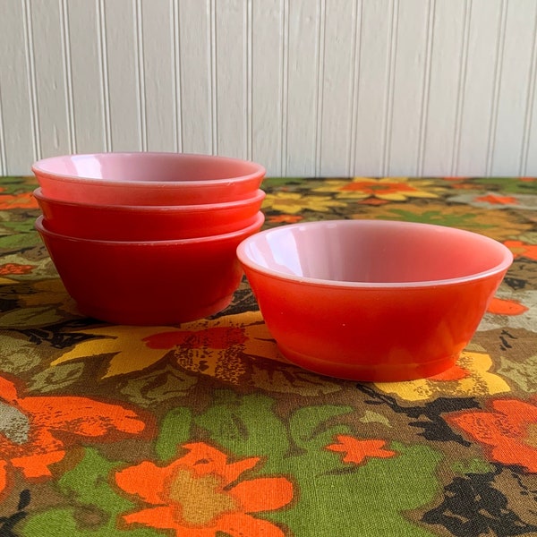 Vintage 50's Red Painted Milk Glass Anchor Hocking Soup Cereal Bowls