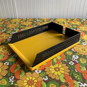 Vintage 80&#39;s Yellow & Black Rexite Italy Plastic Desktop Office File Holder