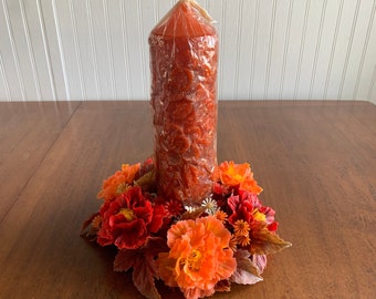 Vintage 70's Orange Carved Pillar Candle and Flower Power Candle Ring