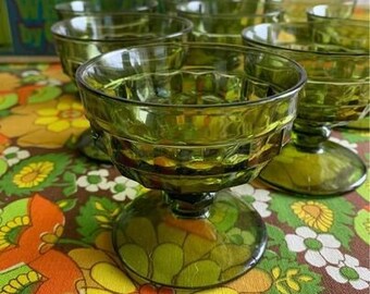 Vintage 70's Green Glass Dessert Cups MCM Footed Sherbet Dishes