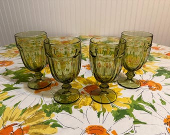 Vintage 70's Libbey Avocado Green Glass Water Goblets (4)