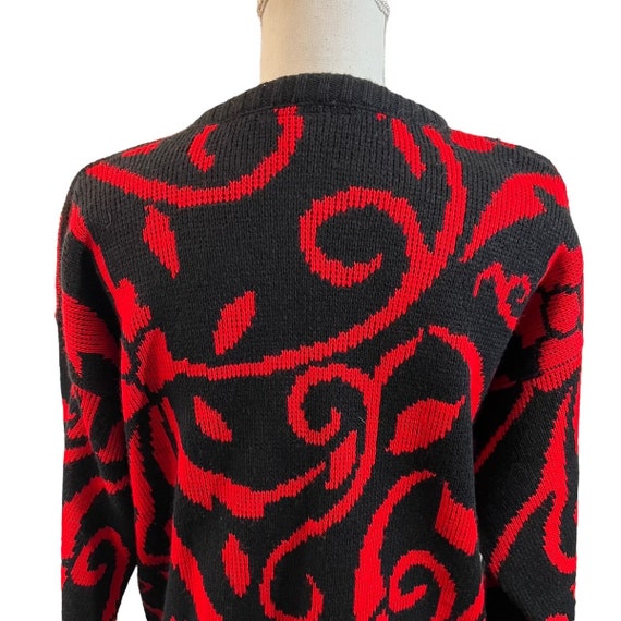 Vintage 80's Black & Red Flower Scroll Design Swe… - image 4