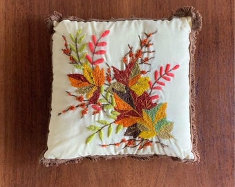 Vintage Handmade Fall Leaves Crewel Embroidery Throw Pillow