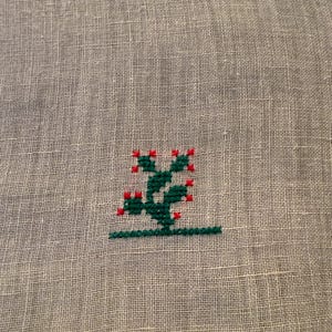 May include: A close-up of a gray linen fabric with a small, embroidered cactus design. The cactus is green with red accents, and the embroidery is done in a cross-stitch style. The design is centered on the fabric.