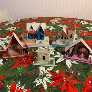 Vintage 50&#39;s Christmas Village Cardboard Putz Houses Japan Set of 5
