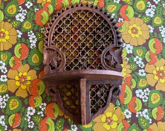 Vintage 70's Carved Wood Wall Shelf