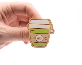 Laser Cut Hand Painted Wooden Badge Pin Broach | Tea Hugs