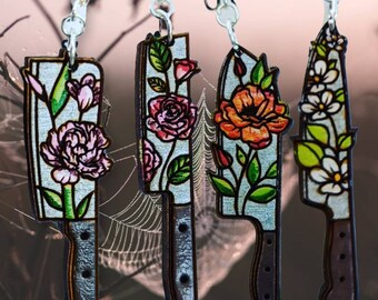 Hand painted floral knives. earrings laser engraved, sterling silver french hooks