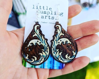 Hand painted waves earrings laser engraved, sterling silver french hooks