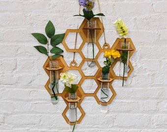 Honeycomb wall hanging propagation station. Minimalist gift for mom. Gift for sister. Hanging vase. Wildflower, small House plants bees