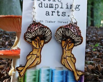 Hand painted mushroom fae. earrings laser engraved, sterling silver french hooks