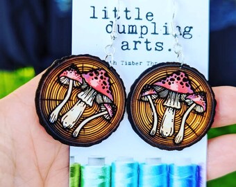Hand painted fall mushrooms earrings laser engraved, sterling silver french hooks