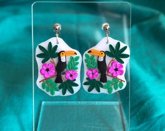 Tropical Flowers and Toucan Bird Design Earrings | Handmade Translucent Polymer Clay Earrings