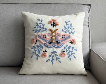 Handmade Punch Needle Moth Throw Pillow Cover | Decorative Cushion Cover | 16x16 or 18x18inch | Boho Style Moth and Flowers | Cover Only