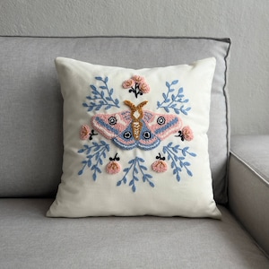Handmade Punch Needle Moth Throw Pillow Cover | Decorative Cushion Cover | 16x16 or 18x18inch | Boho Style Moth and Flowers | Cover Only