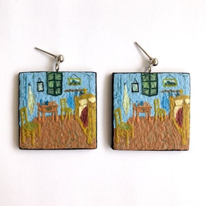 Handmade Miniature Vincent van Gogh&#39;s Bedroom in Arles (1888) | Art Inspired Dangle Earrings | Handmade Polymerclay Paintings