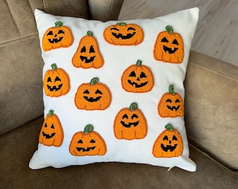 Handmade Punch Needle Spooky Halloween Throw Pillow Cover | Fall Cute Pumpkins Decorative Cushion Cover | 16x16inch or 18x18inch |Cover Only