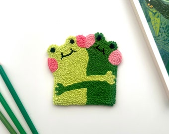 Handmade Mug Rug BFF | Punch Needle Coasters for Besties | Frog Lovers | Gift for Best Friend | Desk Accessories Hugging Frogs