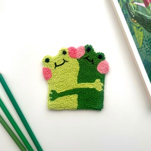 Handmade Mug Rug BFF | Punch Needle Coasters for Besties | Frog Lovers | Gift for Best Friend | Desk Accessories Hugging Frogs