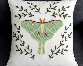 Handmade Punch Needle Luna Moth Throw Pillow Cover | Luna Moth Design | Decorative Cushion Cover | 16x16 or 18x18inch | Cover Only
