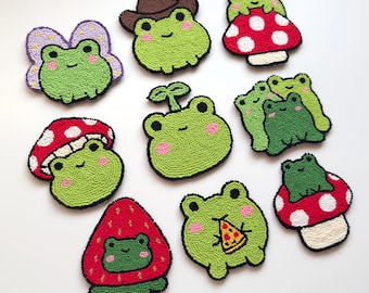 Handmade Mug Rug Frogs | Punch Needle Coasters | Desk Accessories Cute Frogs | Gifts for Frog Lovers | Mushroom Frog | Strawberry Frog