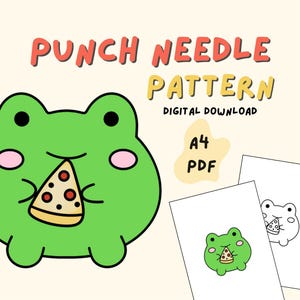 May include: A digital download punch needle pattern featuring a green frog eating a slice of pizza. The pattern is labeled "Punch Needle Pattern" and "A4 PDF Digital Download".