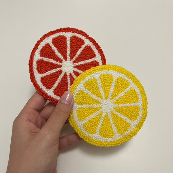 Handmade Lemon Slice Punch Needle Coaster | Tufted Mini Mug Rug Orange | Custom Jewelry Display | Drink Mat |