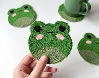 Handmade Frog Coaster | Punch Needle Embroidered Frog Mug Rug | Gift for Frog Lover