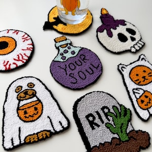 Handmade Halloween Coffee Coasters | Punch Needle Designs | Tufted Mug Rug | Custom Jewelry Display | Spooky Season | Ghost Dog and Cat |NEW