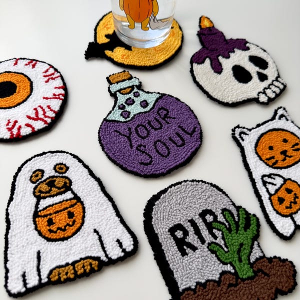 Handmade Halloween Coffee Coasters | Punch Needle Designs | Tufted Mug Rug | Custom Jewelry Display | Spooky Season | Ghost Dog and Cat |NEW