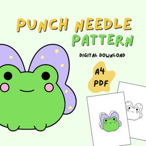 May include: A printable punch needle pattern featuring a green frog with purple wings and yellow stars. The pattern is labeled "Punch Needle Pattern" and "A4 PDF Digital Download".