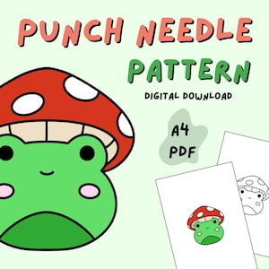 May include: A digital download punch needle pattern featuring a green frog wearing a red mushroom hat. The pattern is labeled "A4 PDF" and is for a punch needle craft project.