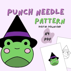 May include: A digital download pattern for a witch frog wearing a purple and black hat. The pattern is for punch needle embroidery and is available in A4 PDF format. The image shows a cartoon frog wearing a witch hat with a purple band.