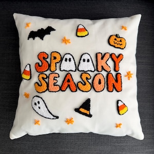 Handmade Punch Needle Halloween Spooky Season Throw Pillow Cover | 16x16inch & 18x18inch Pumpkin Ghost Design Decorative Cushion Cover Only image 3