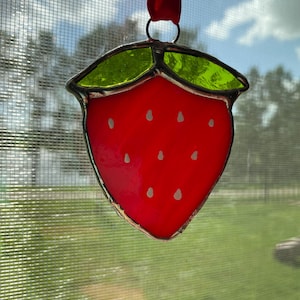 Handmade Small Strawberry Stained Glass Suncatcher/Ornament