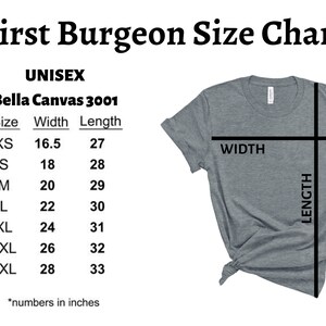 May include: Size chart for Bella Canvas 3001 unisex t-shirts. The chart shows the width and length in inches for sizes XS to 3XL.
