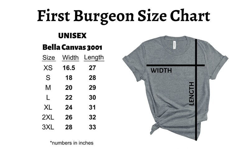 May include: Size chart for Bella Canvas 3001 unisex t-shirts. The chart shows the width and length in inches for sizes XS to 3XL.
