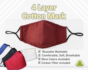 Cotton Burgundy 4 Layer Adjustable Face Mask with Nose wire - 1 Carbon Filter - Adult & Youth Fit with Chin Cup for most comfortable fit