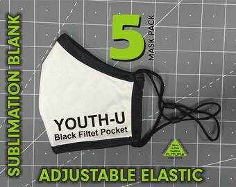 5 Mask Pack Youth U Style  White-Black Trim Stretchable Sublimation Spandex Fabrics - BLACK Inner Filter Pocket - Adjustable Elastic