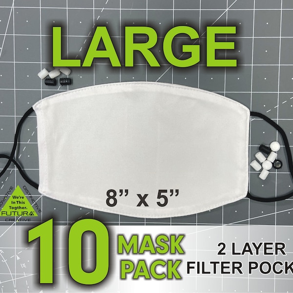 10 Mask Pack LARGE 8" x 5" Singer Flat white polyester sublimation Blank Face Mask - White Inner Filter Pocket - Adjustable Elastic