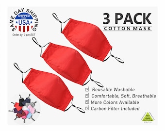 3 Pack Cotton Red 4 Layer Adjustable Face Mask with Nose wire - Carbon Filter - Adult & Youth Fit with Chin Cup