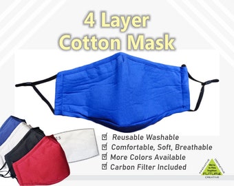 Cotton Royal Blue 4 Layer Adjustable Face Mask with Nose wire - 1 Carbon Filter - Adult & Youth Fit with Chin Cup for most comfortable fit