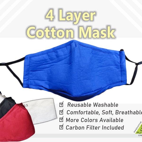 Cotton Royal Blue 4 Layer Adjustable Face Mask with Nose wire - 1 Carbon Filter - Adult & Youth Fit with Chin Cup for most comfortable fit