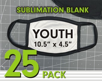 25 Pack Youth White Sublimation Mask - Black Filter Pocket - Sub blanks medium mask - Bulk sublimatable medium mask - Ships in 1 day