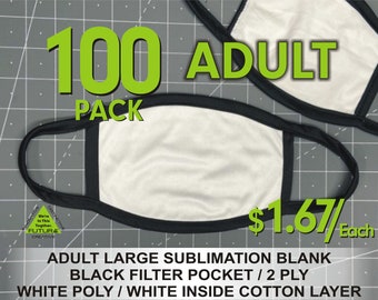 100 Mask Pack  Bulk Sublimation Adult Large White / Black Trim - WHITE Filter Pocket - Fabrics Loops -  Sub blank mask - Ships same day