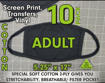 10 Mask Pack Adult BLACK SOFT COTTON - Filter Pocket - Adult Black Mask  Screen or Vinyl Blank