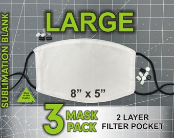 3 Mask Pack LARGE 8" x 5" Singer Flat white polyester sublimation Blank Face Mask - White Inner Filter Pocket - Adjustable Elastic