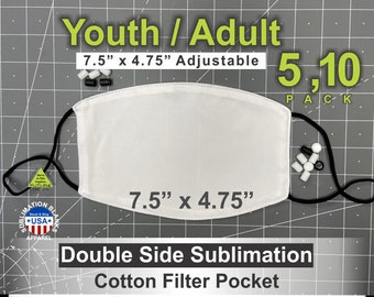 Youth Adult 7.5" x 4.75" of 5, 10 Pack, Double Side Poly Sub Blank No Trim Flat Face Mask - Adjustable Elastic