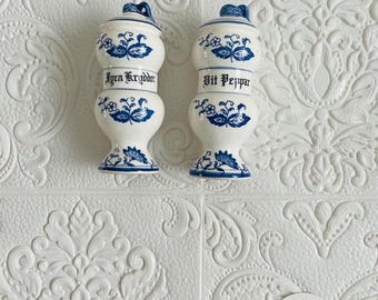Two Vintage Ceramic Blue Onion Pattern Spice Jars, White and Blue, kitchen decor