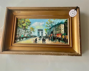 ヴィンテージのフランス製油絵：パリの凱旋門の風景、バーネット